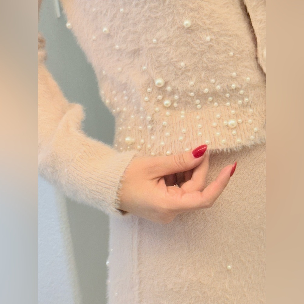 242 ‘Emily’ Elegant & Fuzzy Pink Pearl-Embellished Cardigan and Skirt Set NWT - Picture 9 of 9
